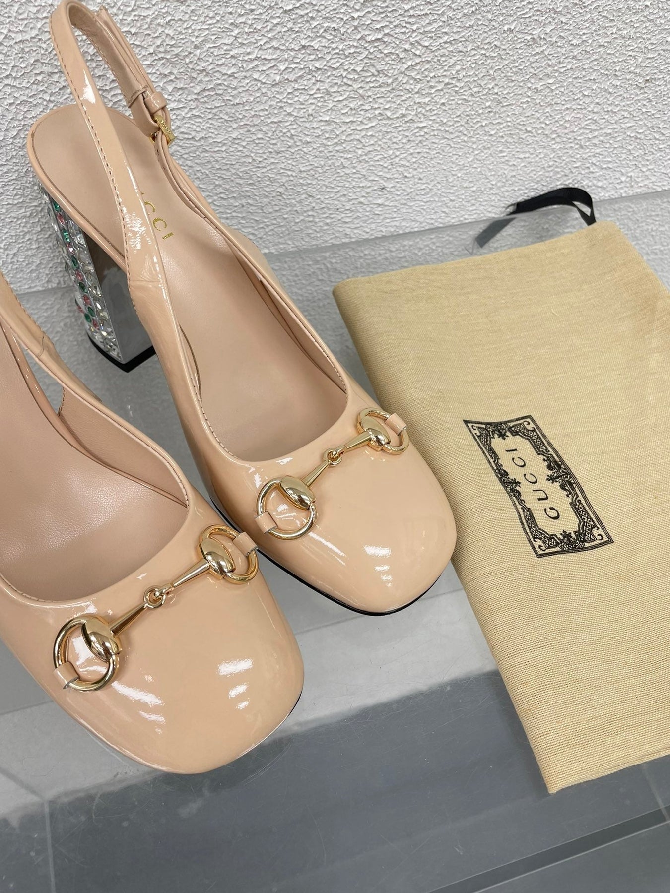 GG WOMEN'S HORSEBIT SLINGBACK 95MM IN TAN BEIGE CALFSKIN WITH RHINSTONES