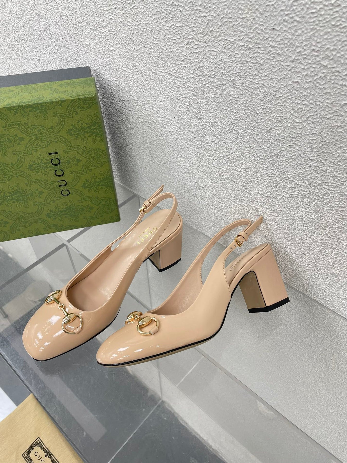 GG WOMEN'S HORSEBIT SLINGBACK 75MM IN TAN BEIGE CALFSKIN