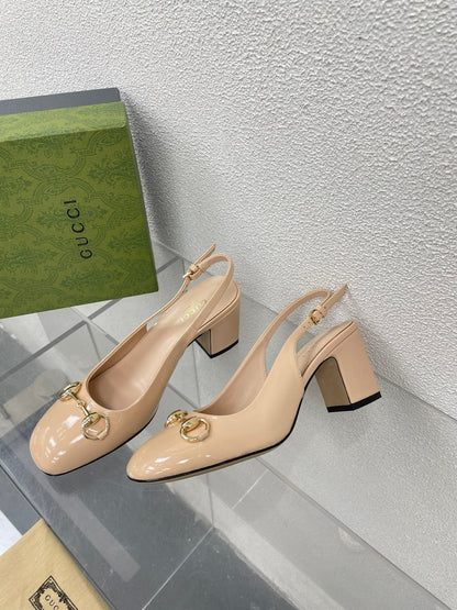 GG WOMEN'S HORSEBIT SLINGBACK 75MM IN TAN BEIGE CALFSKIN