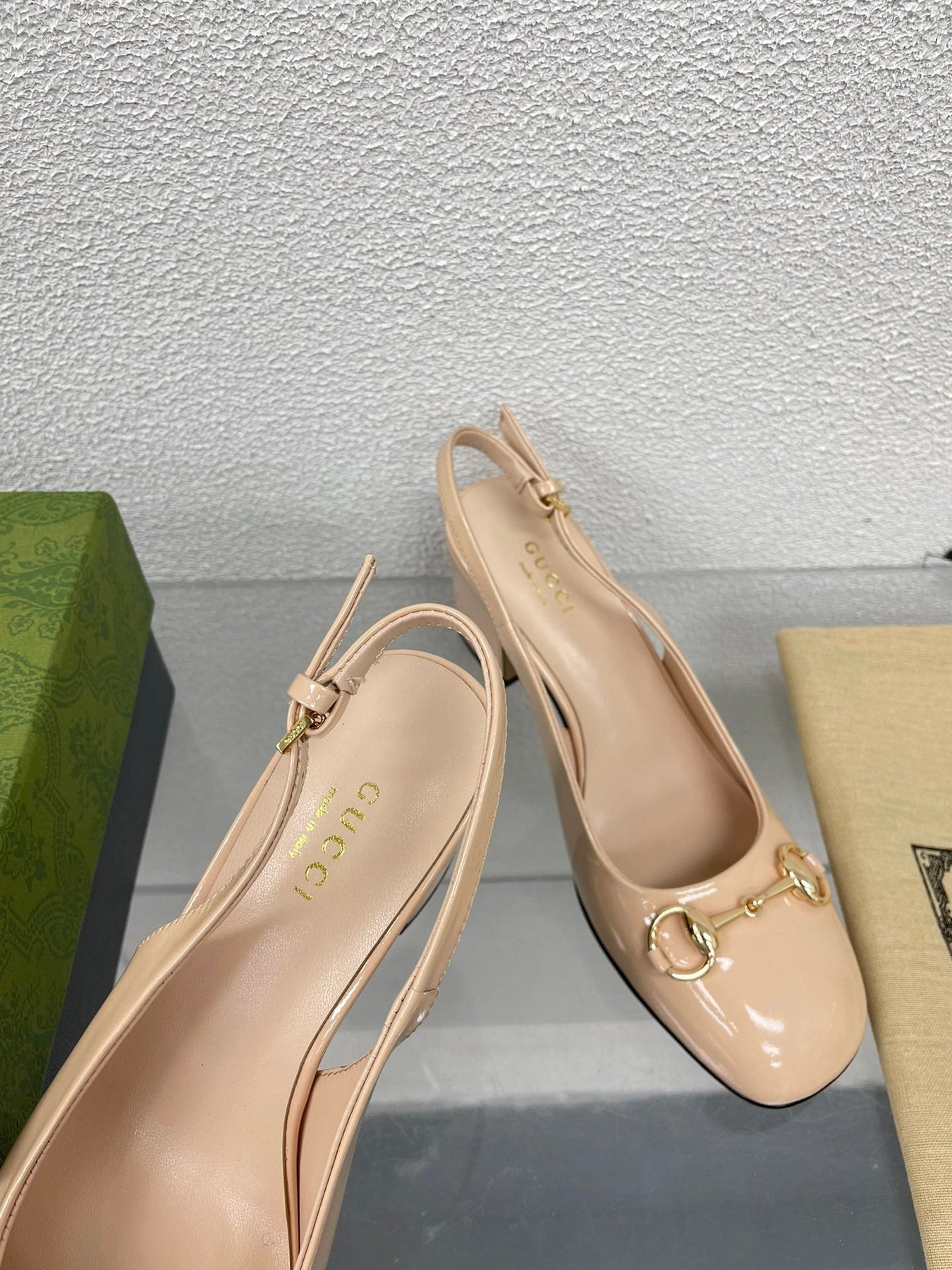 GG WOMEN'S HORSEBIT SLINGBACK 75MM IN TAN BEIGE CALFSKIN