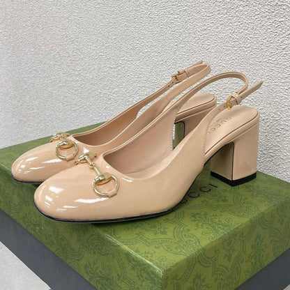 GG WOMEN'S HORSEBIT SLINGBACK 75MM IN TAN BEIGE CALFSKIN