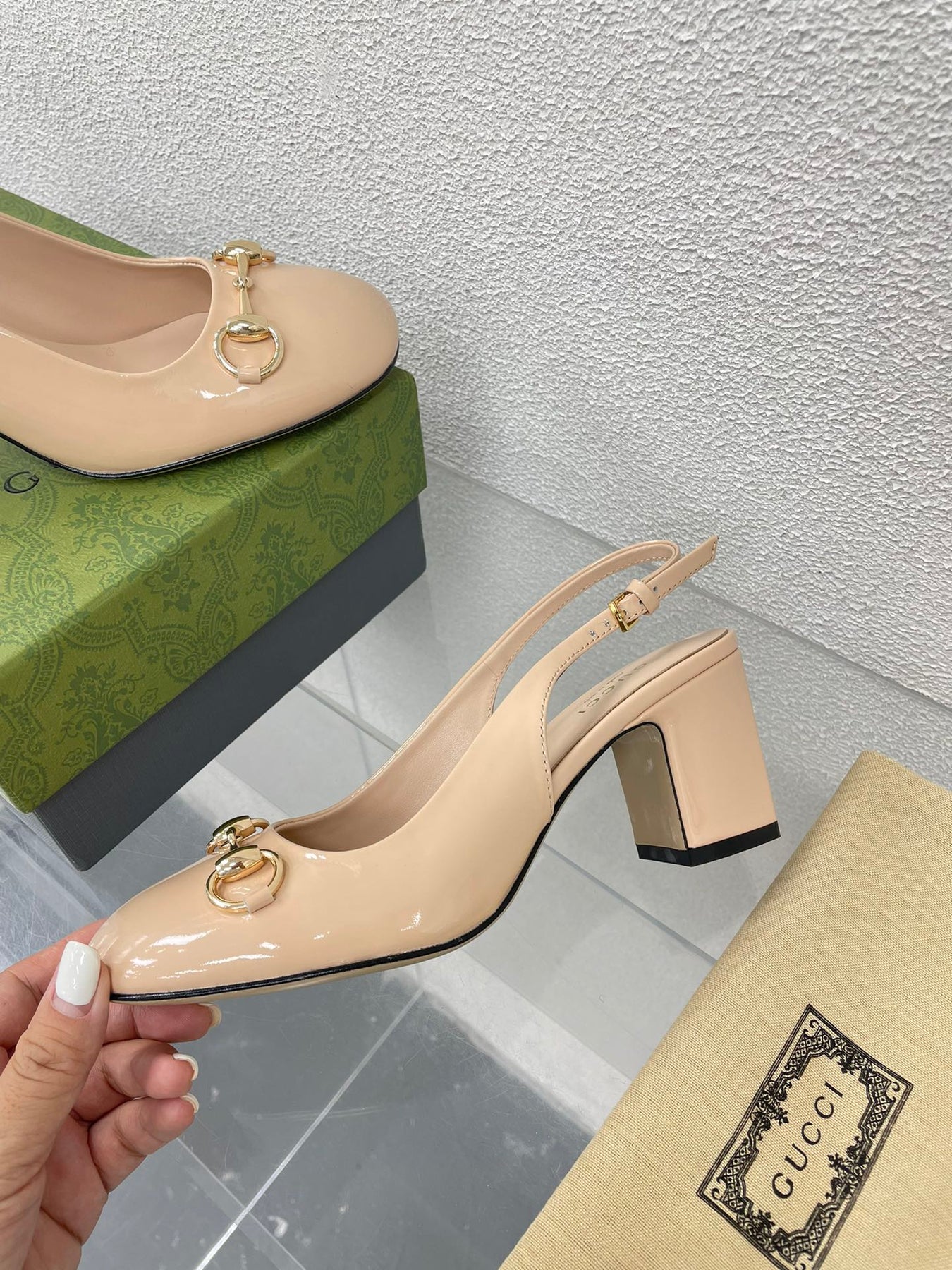 GG WOMEN'S HORSEBIT SLINGBACK 75MM IN TAN BEIGE CALFSKIN