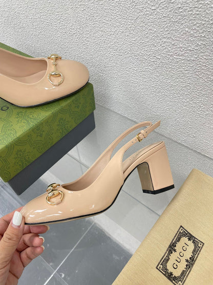 GG WOMEN'S HORSEBIT SLINGBACK 75MM IN TAN BEIGE CALFSKIN