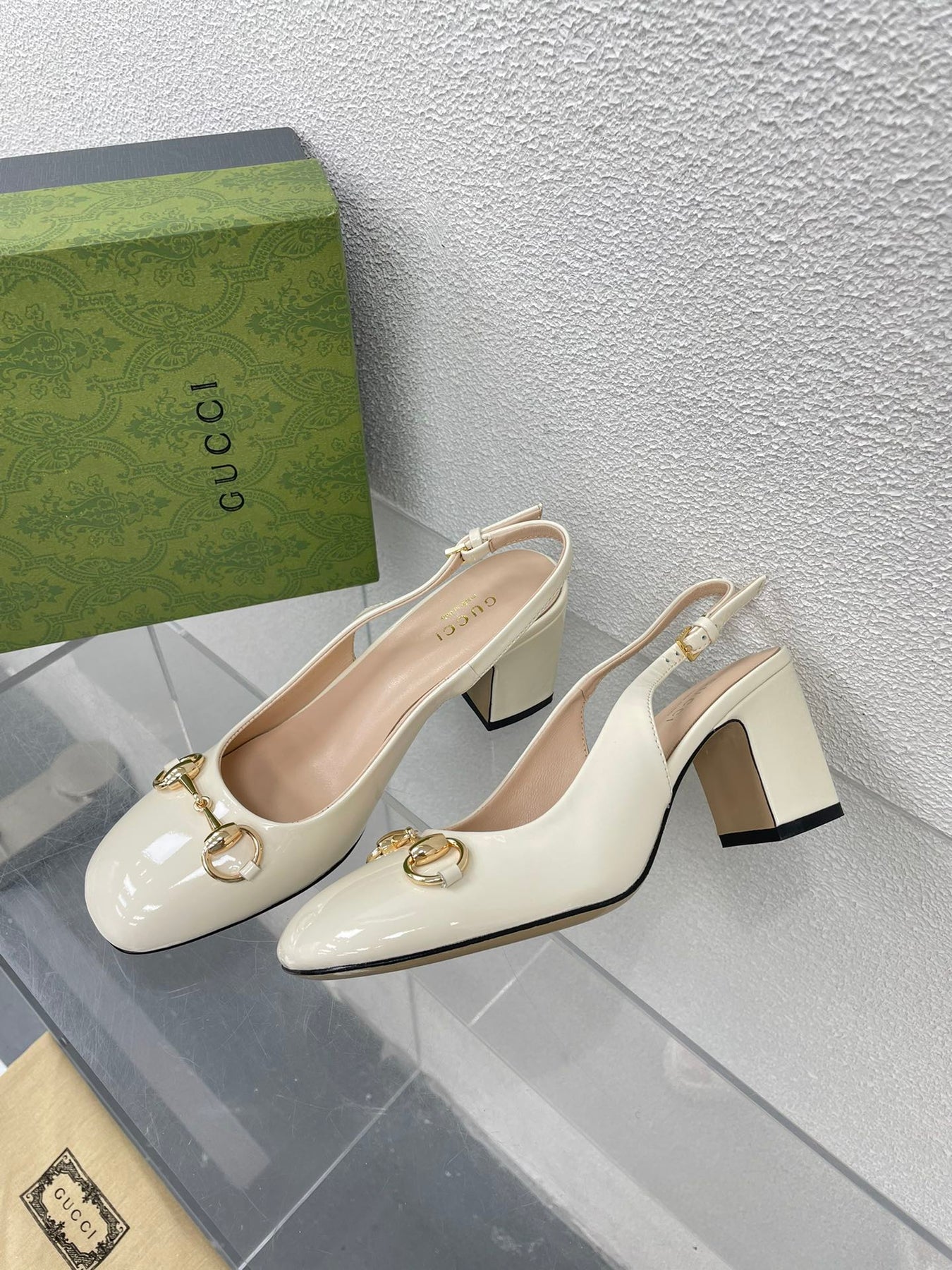 GG WOMEN'S HORSEBIT SLINGBACK 75MM IN WHITE CALFSKIN