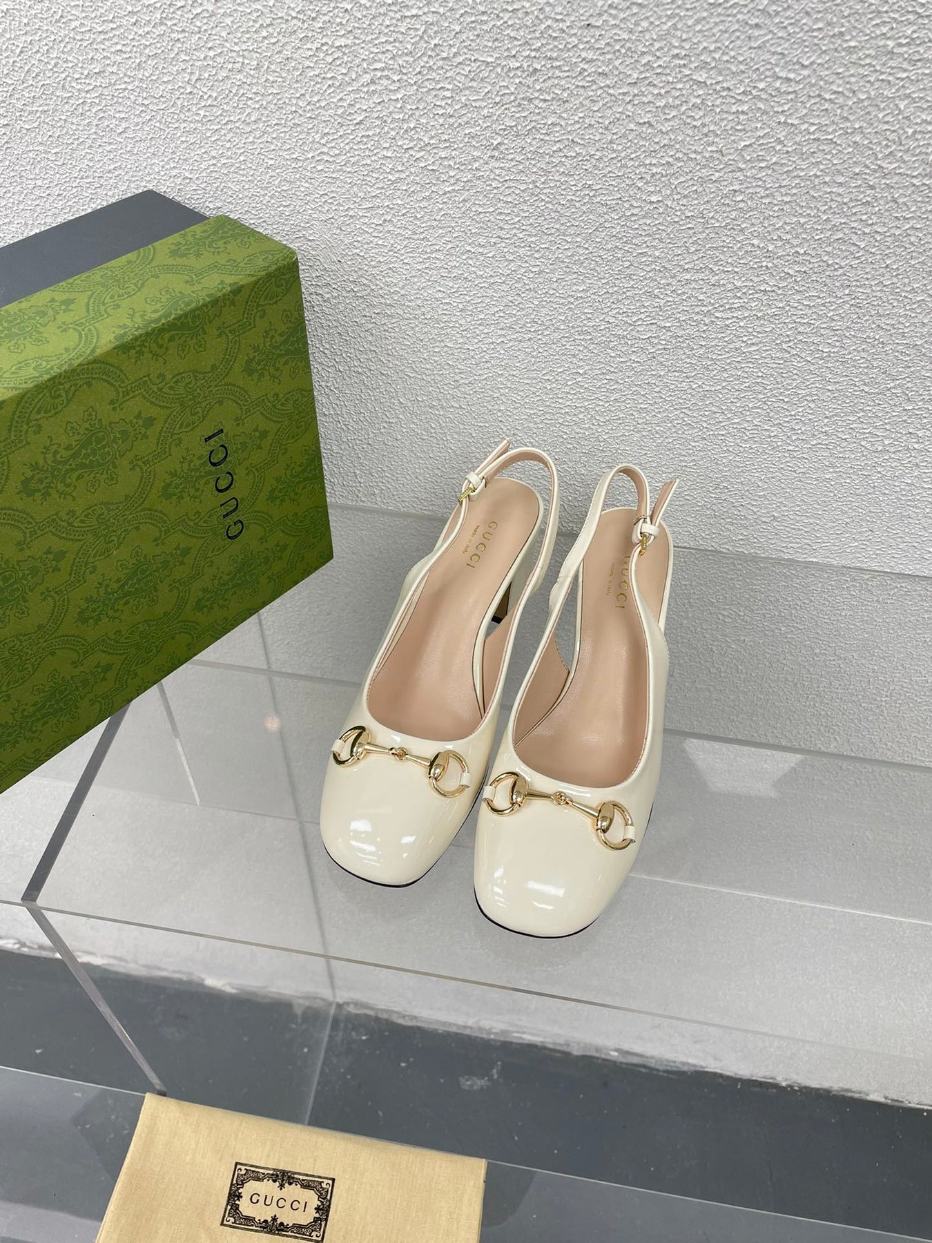 GG WOMEN'S HORSEBIT SLINGBACK 75MM IN WHITE CALFSKIN