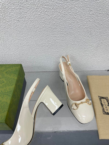 GG WOMEN'S HORSEBIT SLINGBACK 75MM IN WHITE CALFSKIN