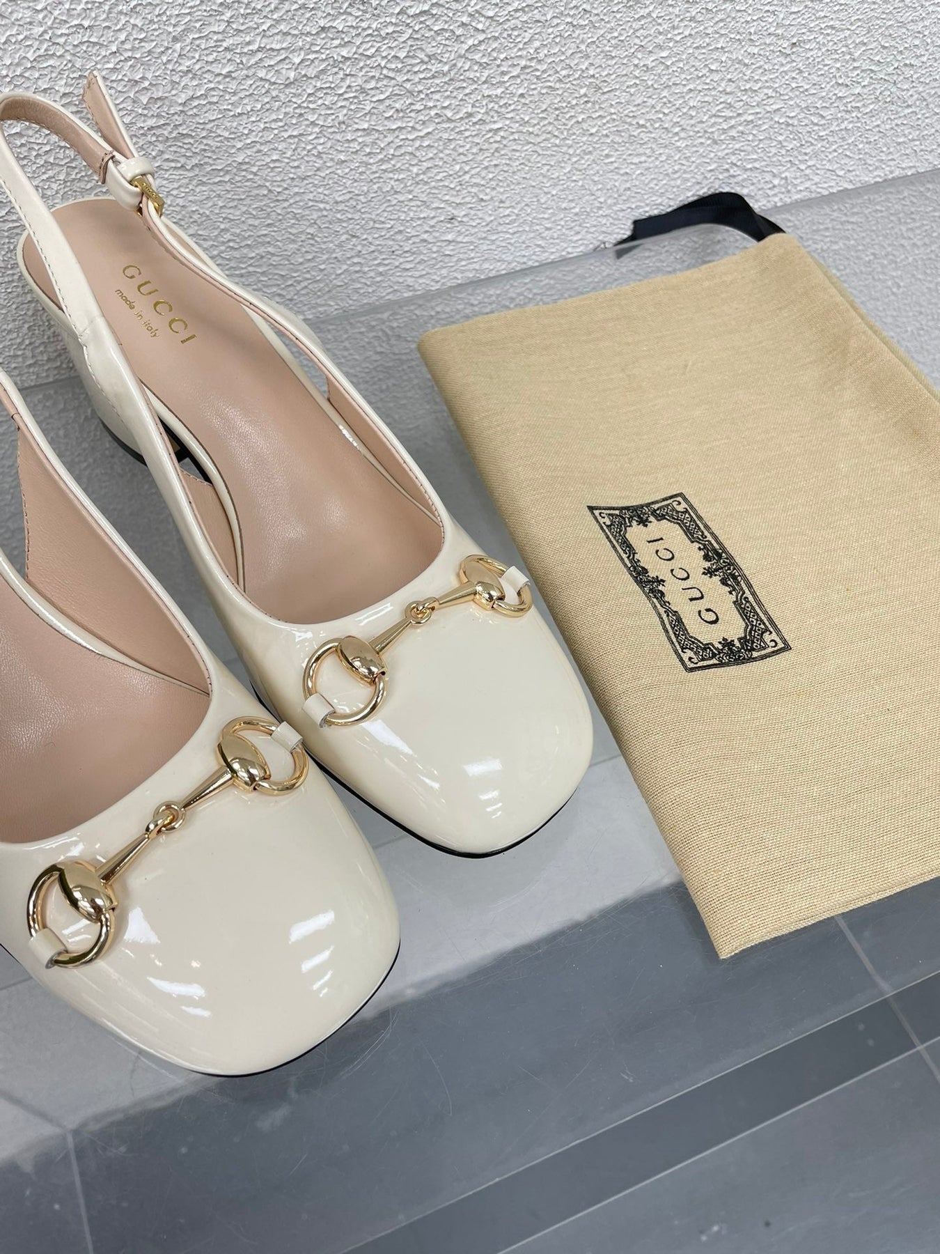 GG WOMEN'S HORSEBIT SLINGBACK 75MM IN WHITE CALFSKIN