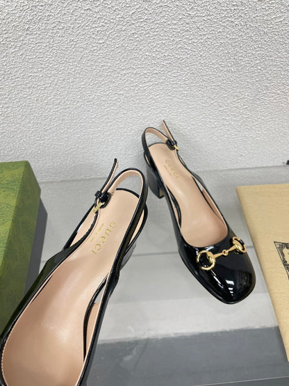 GG WOMEN'S HORSEBIT SLINGBACK 75MM IN BLACK CALFSKIN