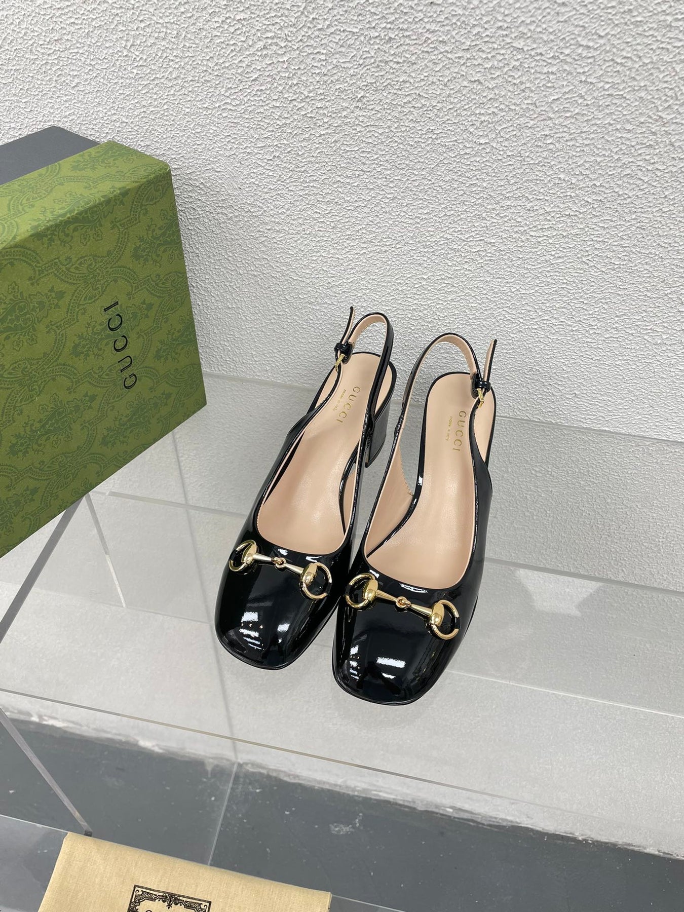 GG WOMEN'S HORSEBIT SLINGBACK 75MM IN BLACK CALFSKIN