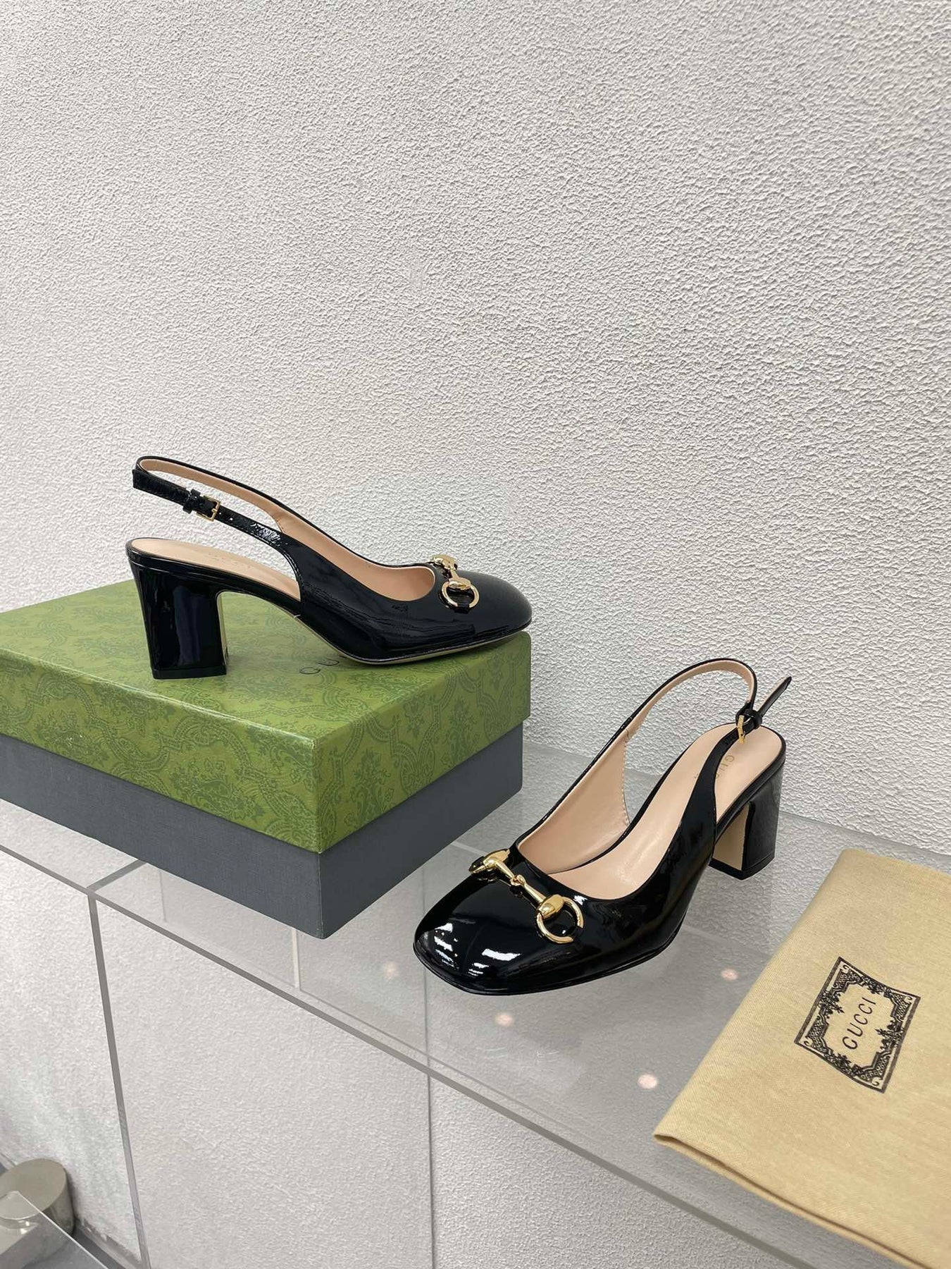 GG WOMEN'S HORSEBIT SLINGBACK 75MM IN BLACK CALFSKIN