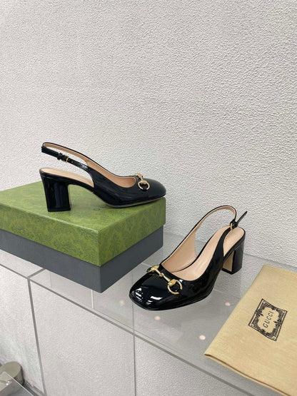 GG WOMEN'S HORSEBIT SLINGBACK 75MM IN BLACK CALFSKIN