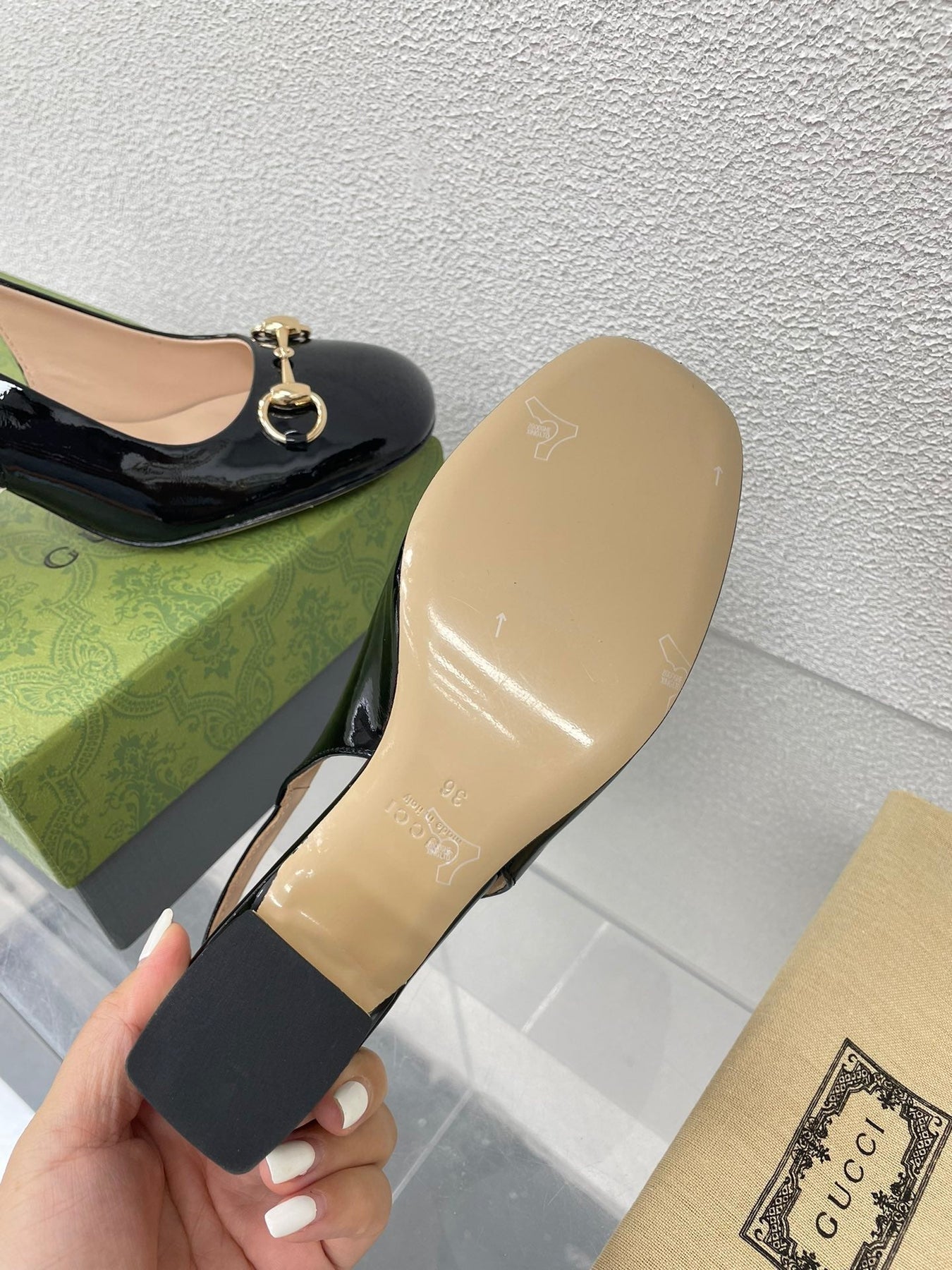 GG WOMEN'S HORSEBIT SLINGBACK 75MM IN BLACK CALFSKIN