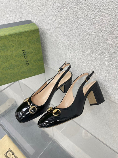 GG WOMEN'S HORSEBIT SLINGBACK 75MM IN BLACK CALFSKIN
