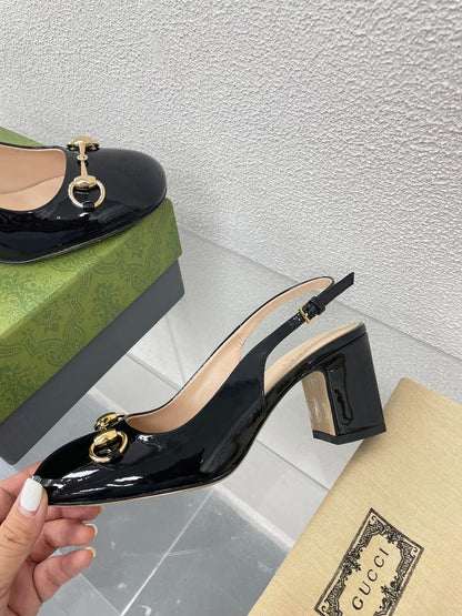 GG WOMEN'S HORSEBIT SLINGBACK 75MM IN BLACK CALFSKIN