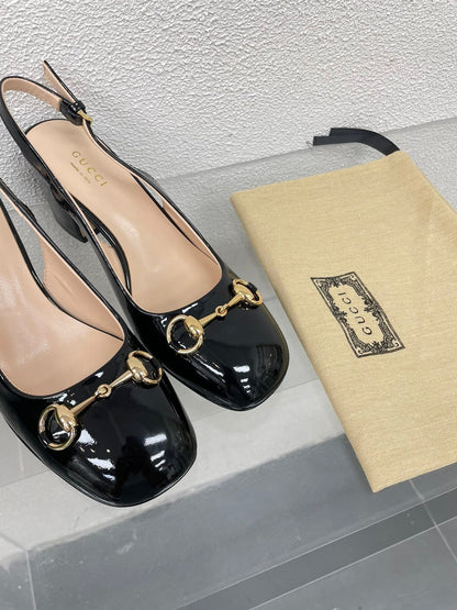 GG WOMEN'S HORSEBIT SLINGBACK 65MM IN BLACK CALFSKIN