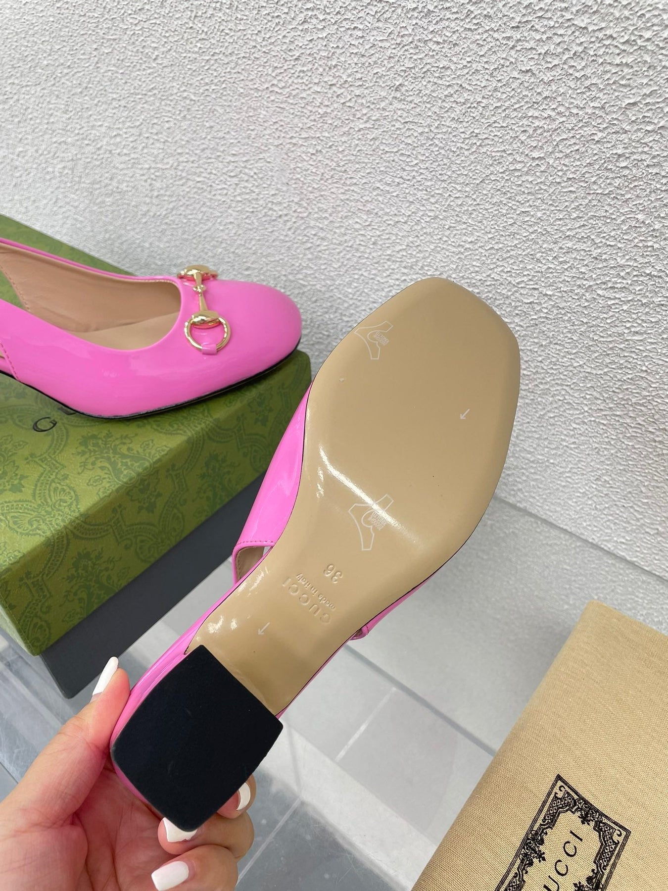 GG WOMEN'S HORSEBIT SLINGBACK 75MM IN FUSICA PINK CALFSKIN