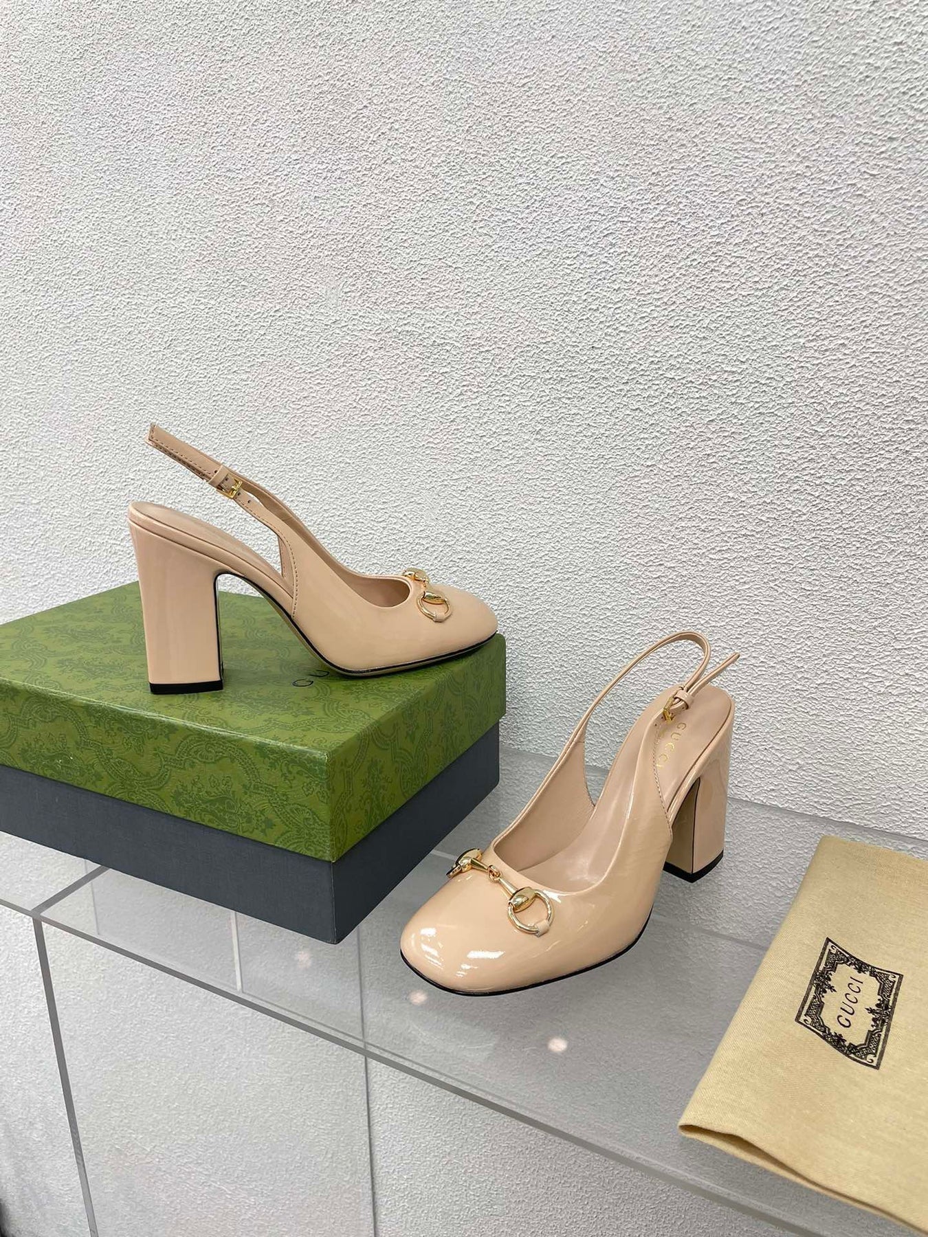 GG WOMEN'S HORSEBIT SLINGBACK 95MM IN TAN BEIGE CALFSKIN