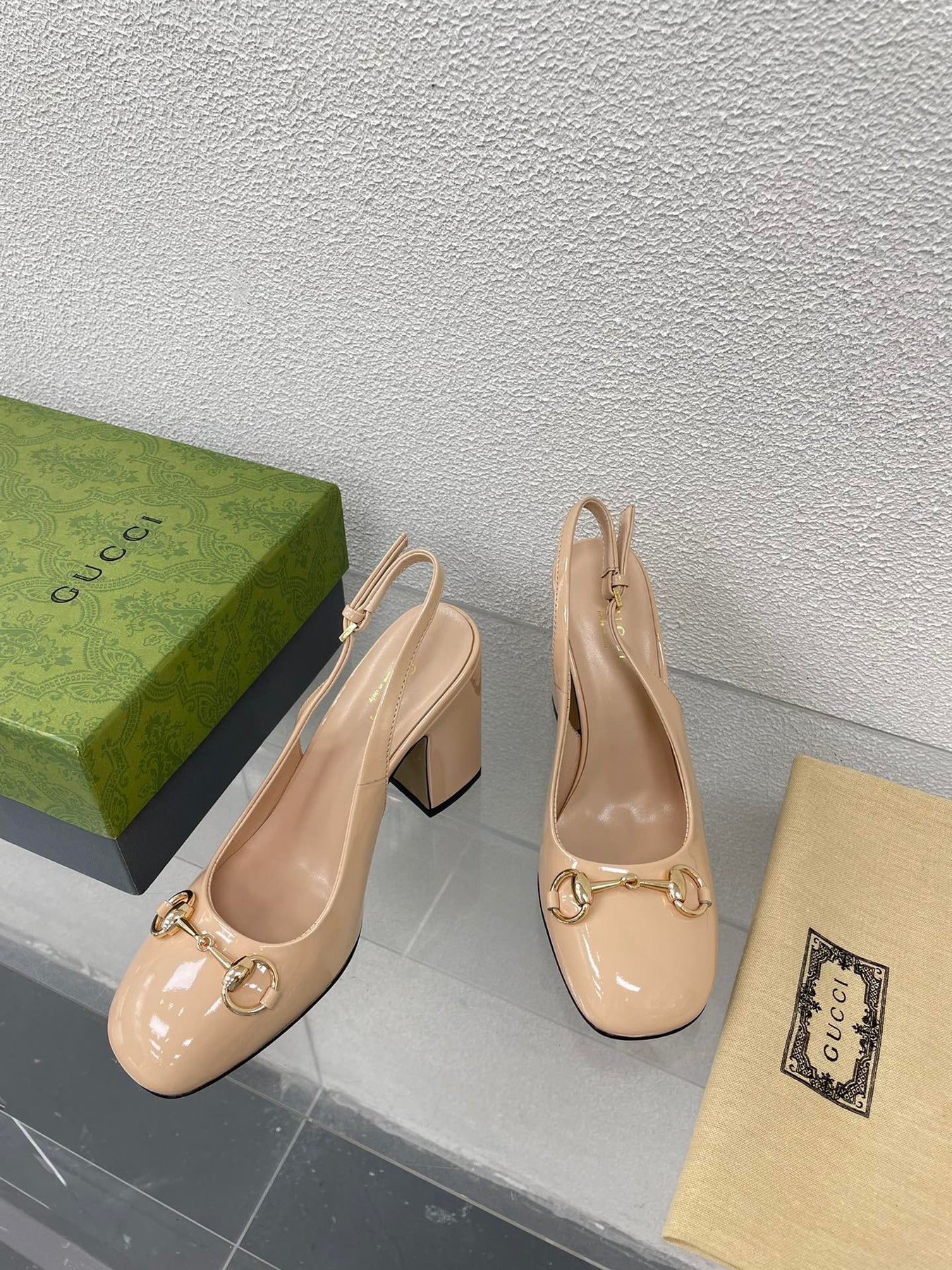 GG WOMEN'S HORSEBIT SLINGBACK 95MM IN TAN BEIGE CALFSKIN