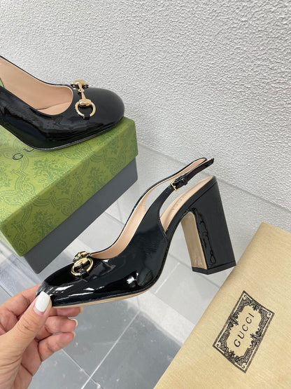 GG WOMEN'S HORSEBIT SLINGBACK 95MM IN BLACK CALFSKIN