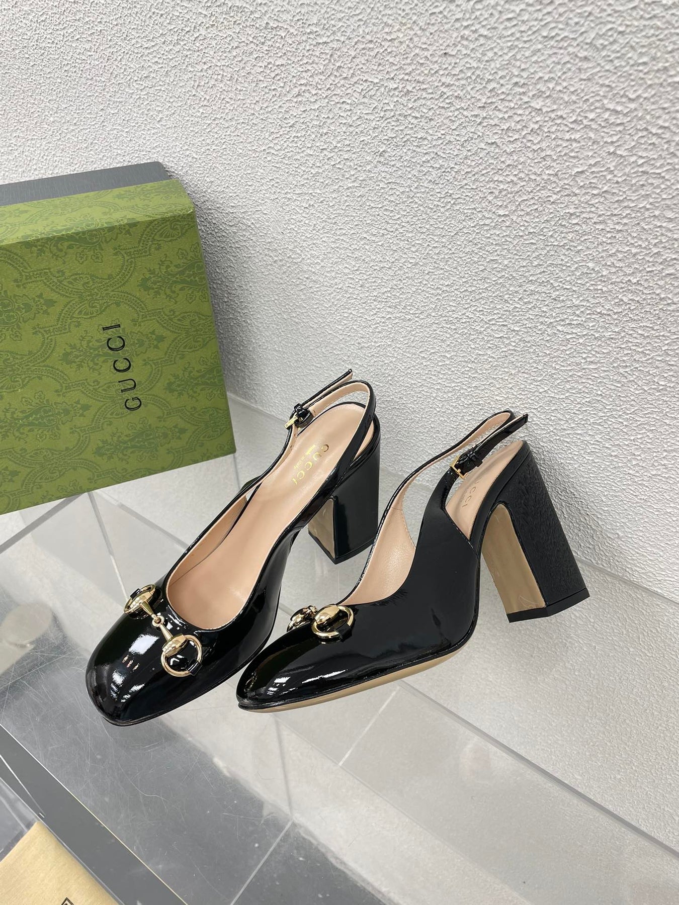 GG WOMEN'S HORSEBIT SLINGBACK 95MM IN BLACK CALFSKIN