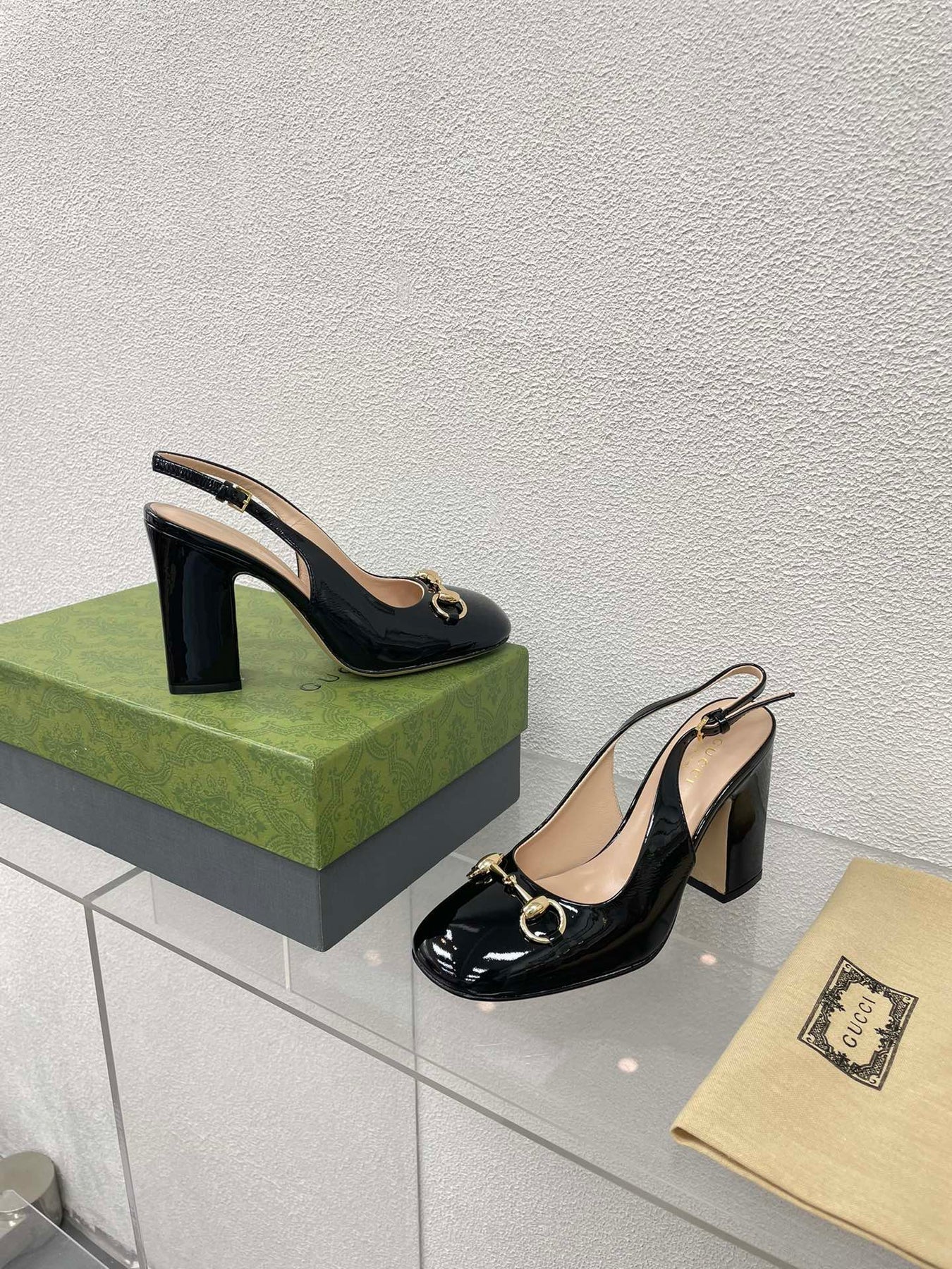 GG WOMEN'S HORSEBIT SLINGBACK 95MM IN BLACK CALFSKIN