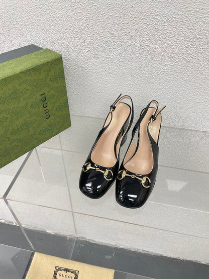 GG WOMEN'S HORSEBIT SLINGBACK 95MM IN BLACK CALFSKIN