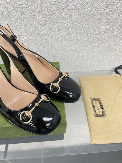 GG WOMEN'S HORSEBIT SLINGBACK 95MM IN BLACK CALFSKIN