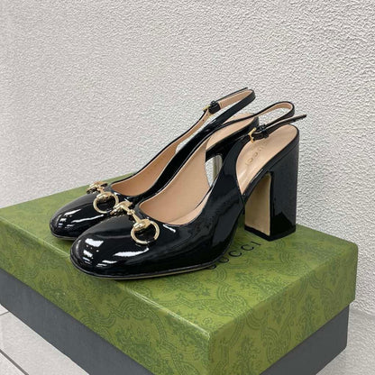 GG WOMEN'S HORSEBIT SLINGBACK 95MM IN BLACK CALFSKIN