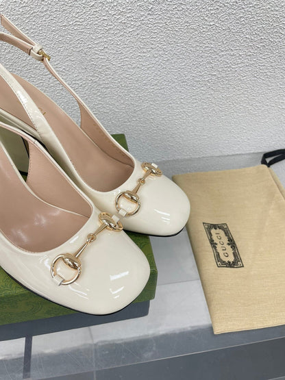 GG WOMEN'S HORSEBIT SLINGBACK 95MM IN WHITE CALFSKIN