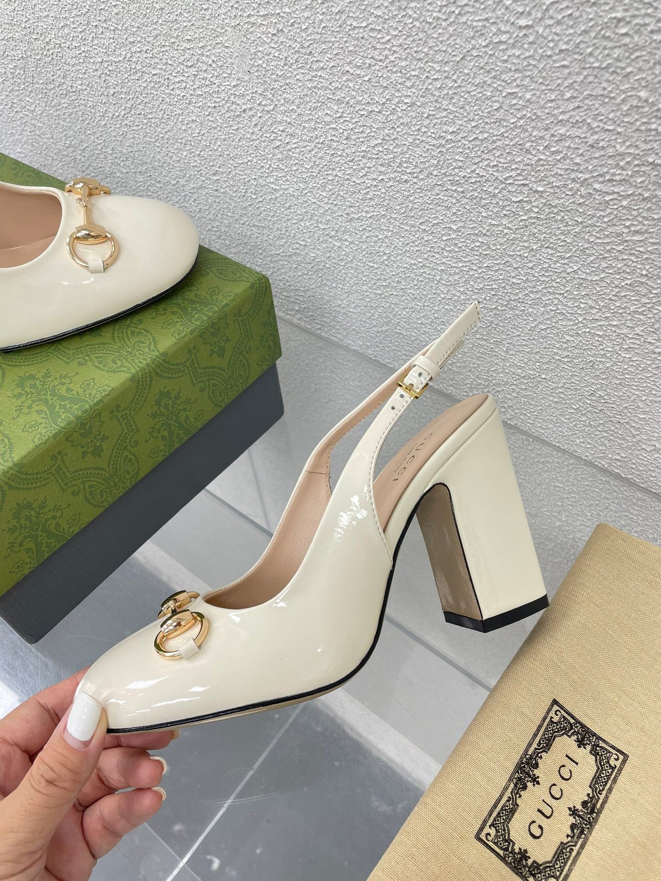 GG WOMEN'S HORSEBIT SLINGBACK 95MM IN WHITE CALFSKIN