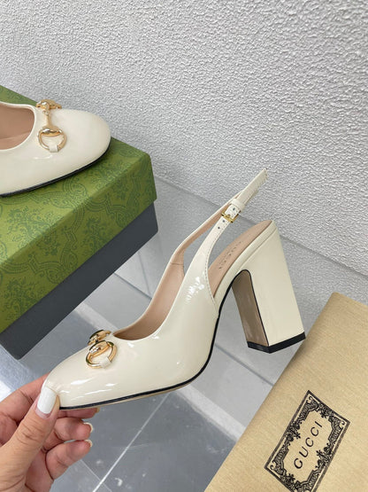 GG WOMEN'S HORSEBIT SLINGBACK 95MM IN WHITE CALFSKIN