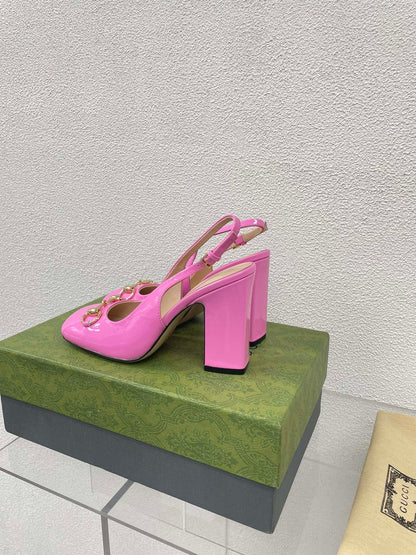 GG WOMEN'S HORSEBIT SLINGBACK 95MM IN FUSICA PINK CALFSKIN