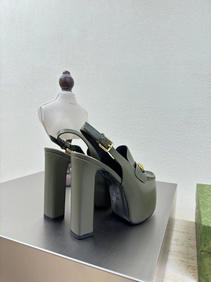 GG WOMEN'S HORSEBIT PLATFORM LOAFER SLINGBACK IN UNIFORM GREEN EMBOSSED CALFSKIN