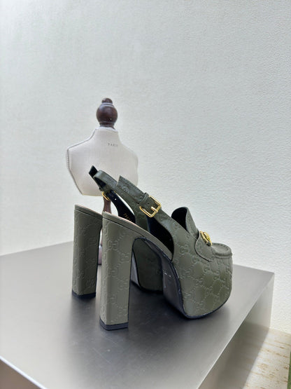 GG WOMEN'S HORSEBIT PLATFORM LOAFER SLINGBACK IN UNIFORM GREEN EMBOSSED CALFSKIN