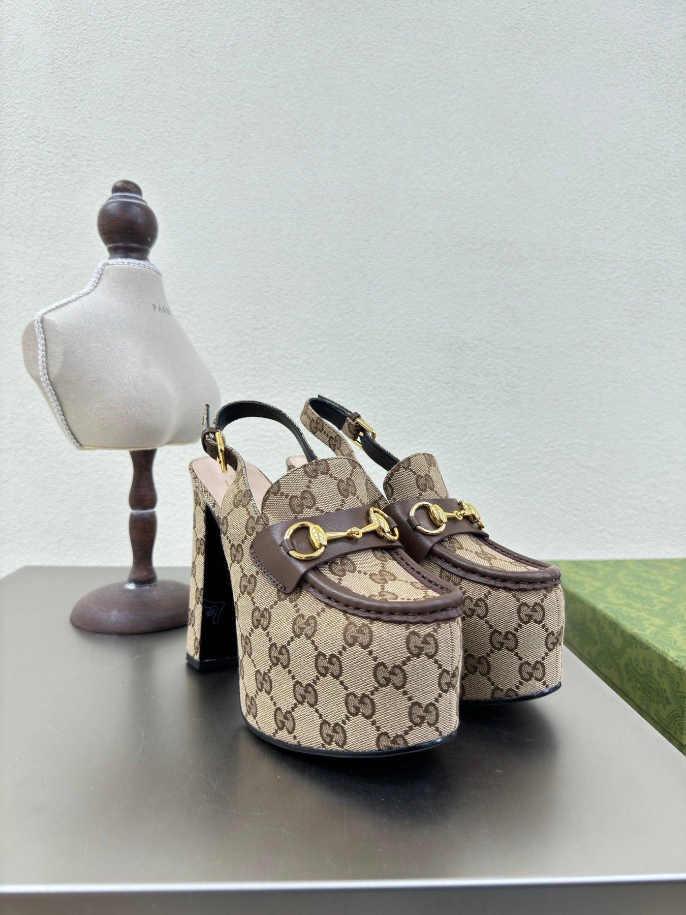 GG WOMEN'S HORSEBIT PLATFORM LOAFER SLINGBACK IN TAN BEIGE CANVAS