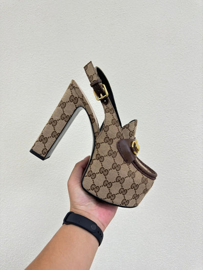 GG WOMEN'S HORSEBIT PLATFORM LOAFER SLINGBACK IN TAN BEIGE CANVAS