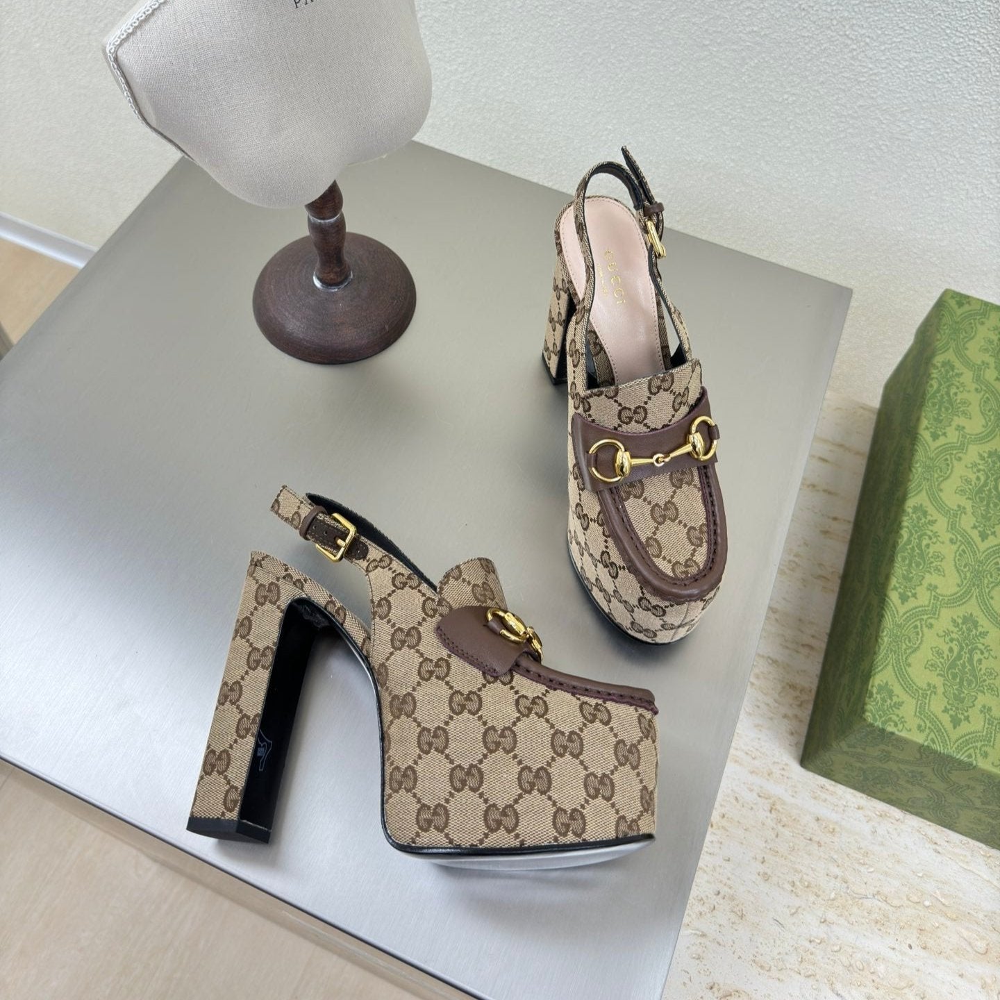 GG WOMEN'S HORSEBIT PLATFORM LOAFER SLINGBACK IN TAN BEIGE CANVAS