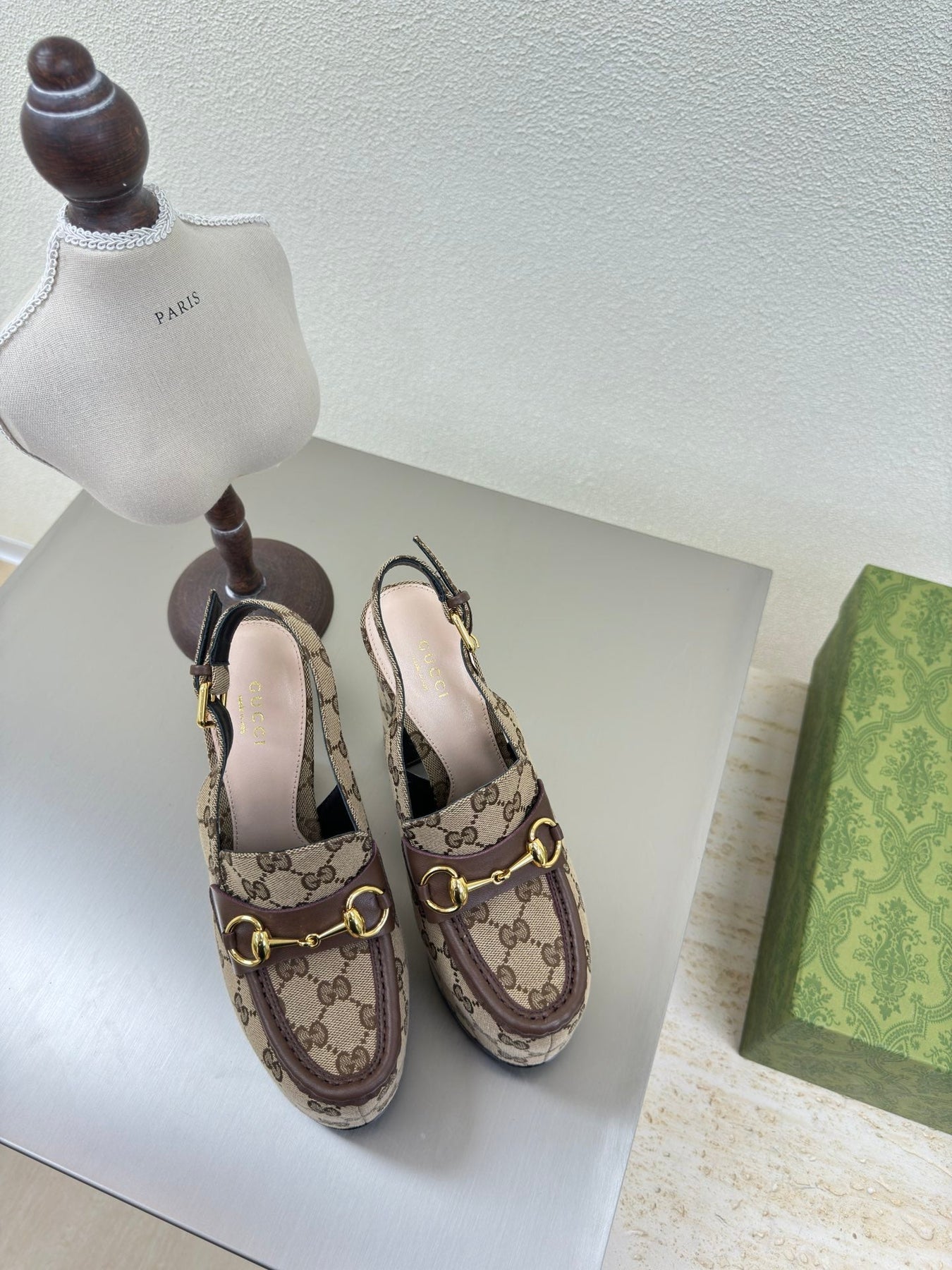 GG WOMEN'S HORSEBIT PLATFORM LOAFER SLINGBACK IN TAN BEIGE CANVAS