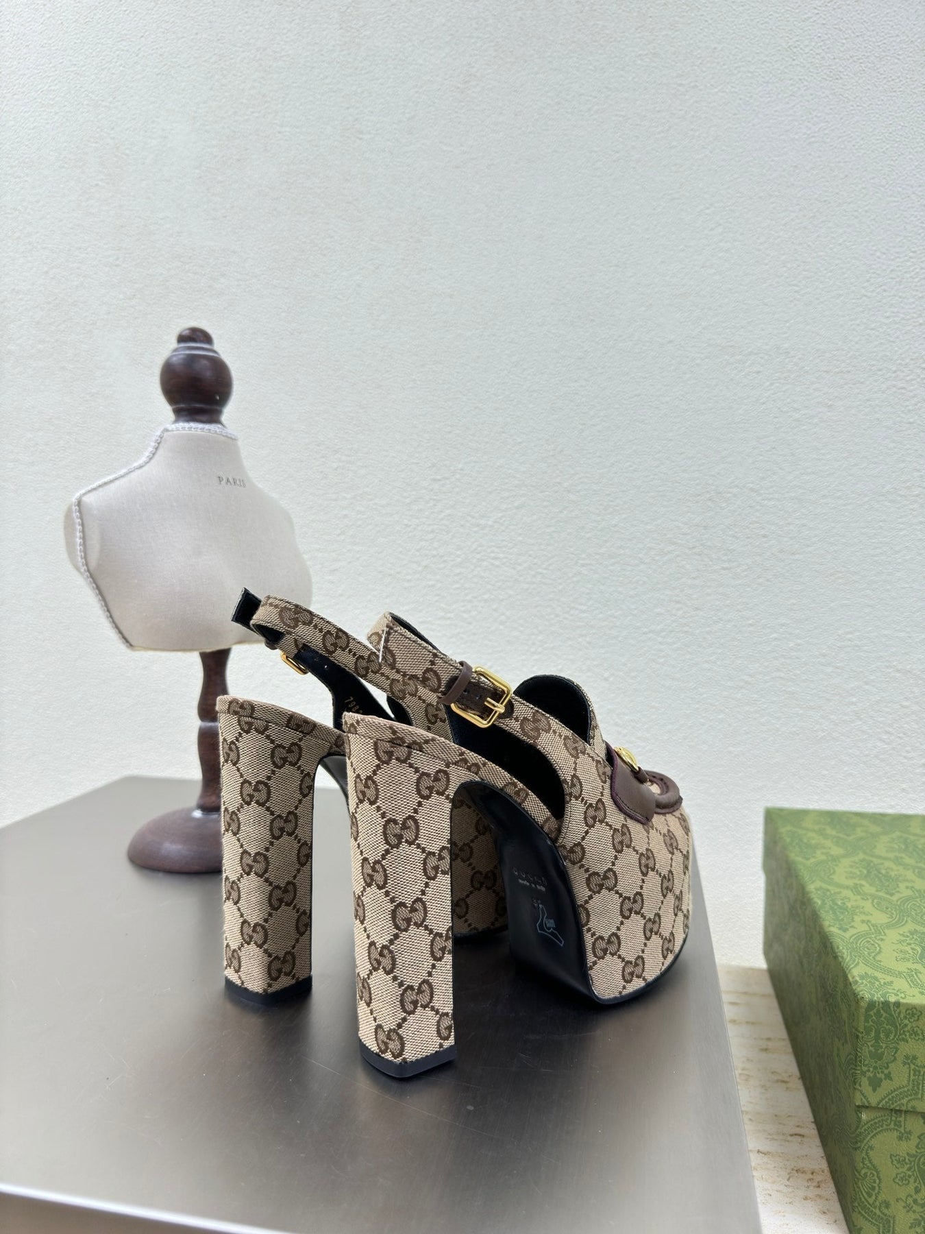 GG WOMEN'S HORSEBIT PLATFORM LOAFER SLINGBACK IN TAN BEIGE CANVAS