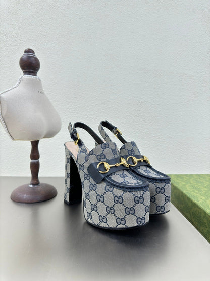 GG WOMEN'S HORSEBIT PLATFORM LOAFER SLINGBACK IN BEIGE AND BLUE CANVAS