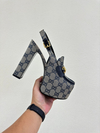 GG WOMEN'S HORSEBIT PLATFORM LOAFER SLINGBACK IN BEIGE AND BLUE CANVAS