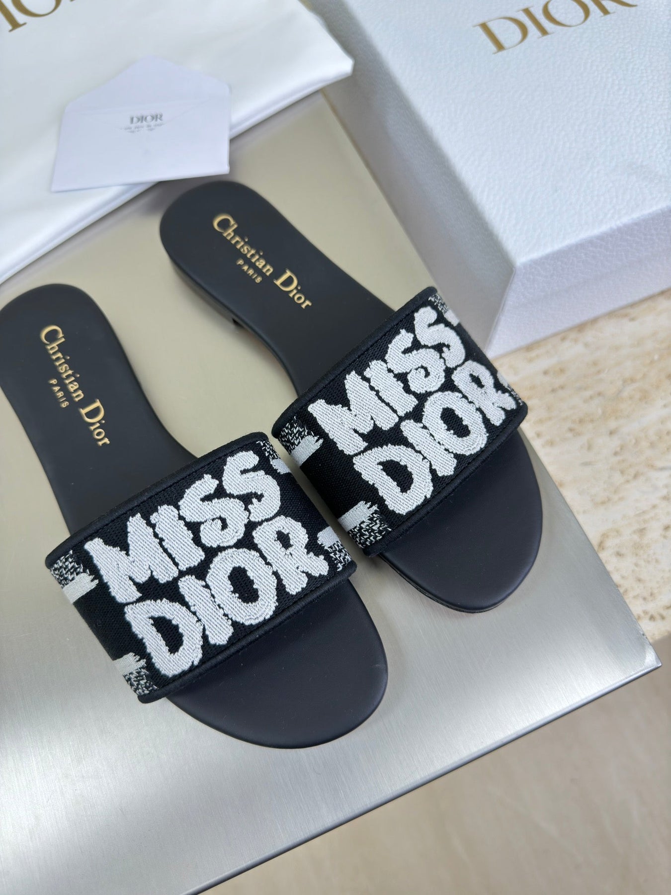 DWAY SLIDE EMBROIDERED COTTON AND BLACK MISS DIOR ALLOVER MOTIF