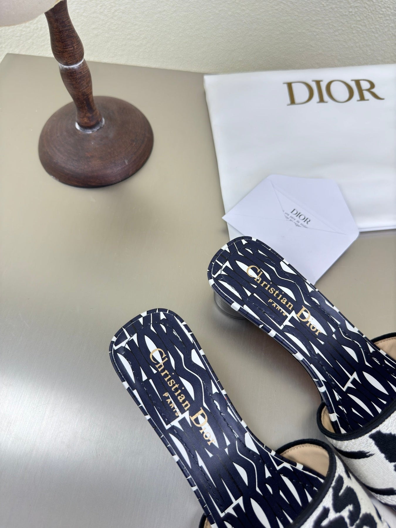 DWAY HEELED SLIDE EMBROIDERED COTTON AND NAVY BLUE MISS DIOR ALLOVER MOTIF 35 MM