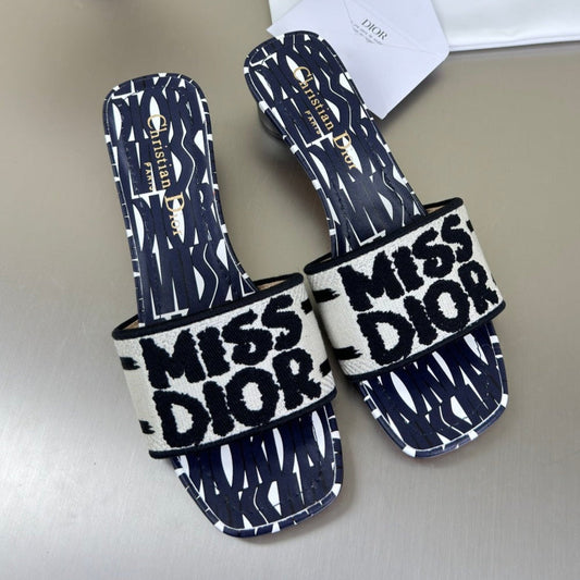 DWAY HEELED SLIDE EMBROIDERED COTTON AND NAVY BLUE MISS DIOR ALLOVER MOTIF 35 MM