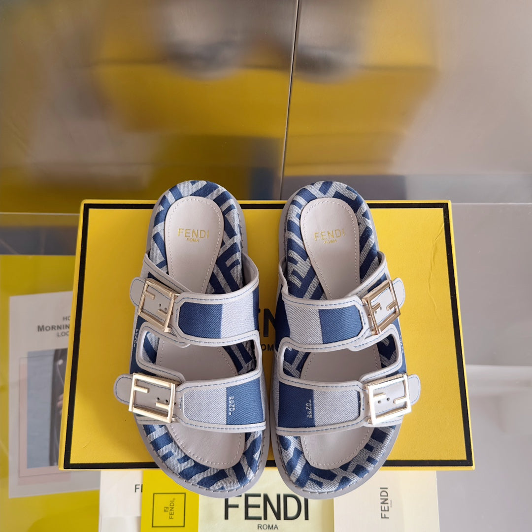 FENDI DAD SANDAL IN NAVY BLUE MIX WHITE MONOGRAM JACQUARD FABRIC
