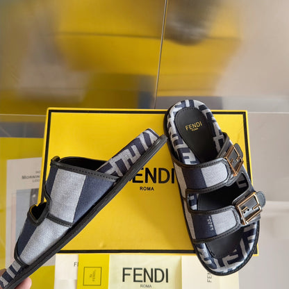 FENDI DAD SANDAL IN NAVY BLUE MIX LIGHT GREY CANVAS WITH GOLD HARDWARE