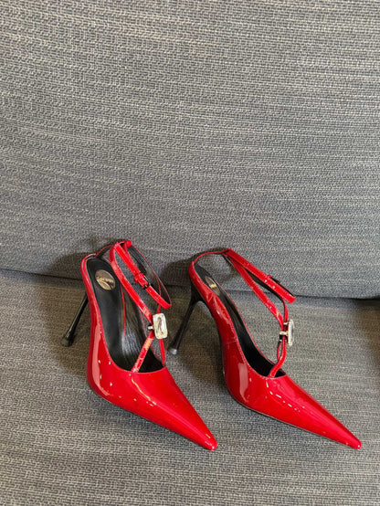 HIGH SANDAL ATTACHED GEM IN RED GLOSSY CALFSKIN