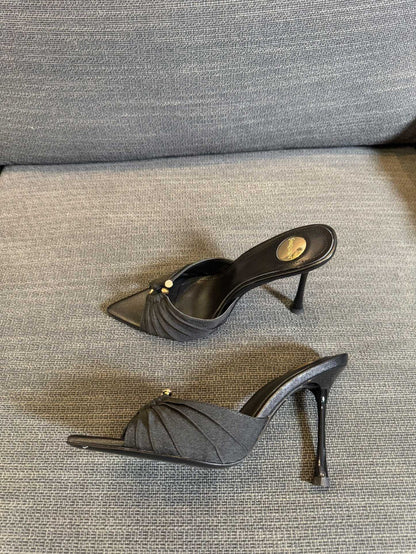 LOLA HIGH MULES IN BLACK SMOOTH LAMBSKIN AND DRAPED JERSEY