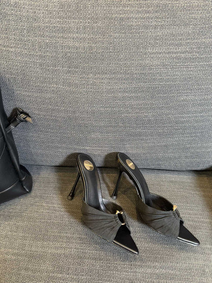 LOLA HIGH MULES IN BLACK SMOOTH LAMBSKIN AND DRAPED JERSEY