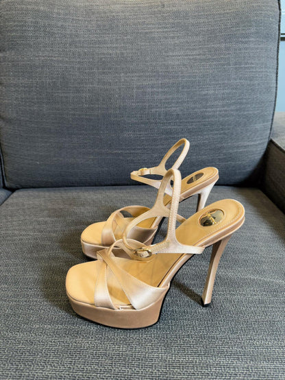 DEBBIE PLATFORM SANDALS IN BEIGE SATIN